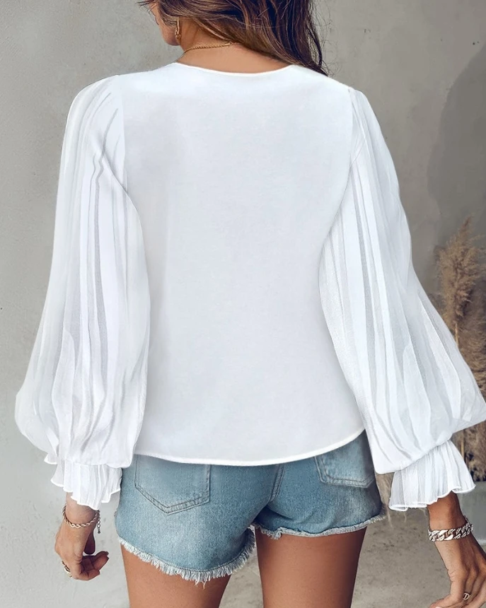 Blouses Shirt New Fashion for Women 2024 Spring Summer Casual Style Lace Trim Ruched V-Neck Lantern Sleeve Pullover Top