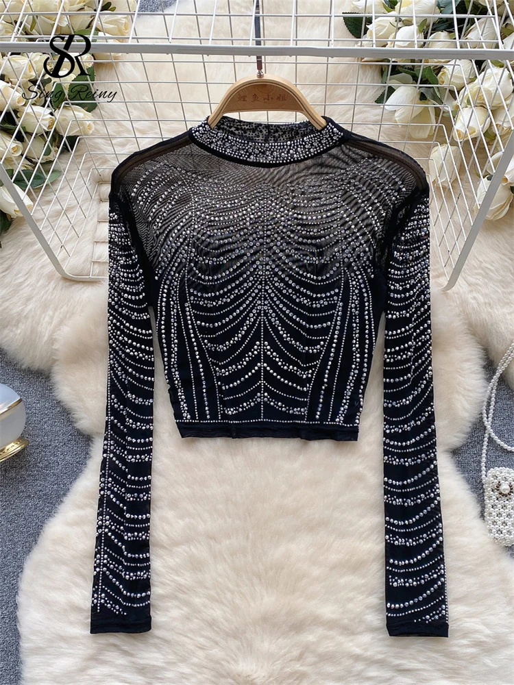 SINGREINY Women Beading Sheer Sexy Top O Neck Long Sleeves Transparent Slim Short T Shirt Streetwear Ins Shiny Sequins Blouse