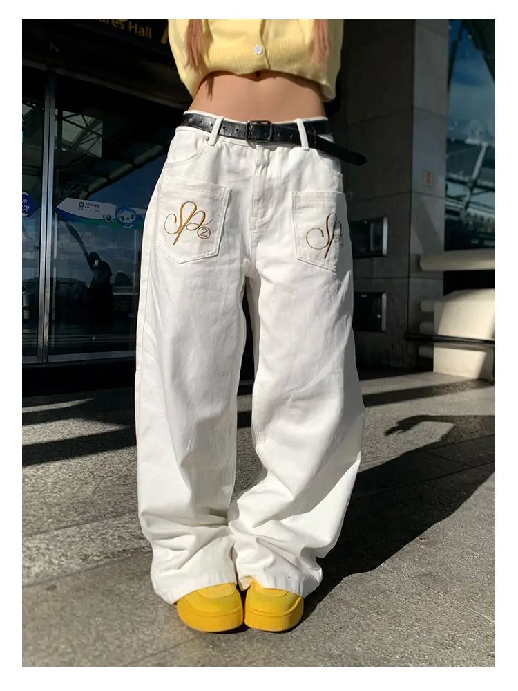 

Women Vintage Embroidery Y2k White Jeans 2025 Autumn High Waist Wide Leg Denim Pants Streetwear Loose Baggy Trousers