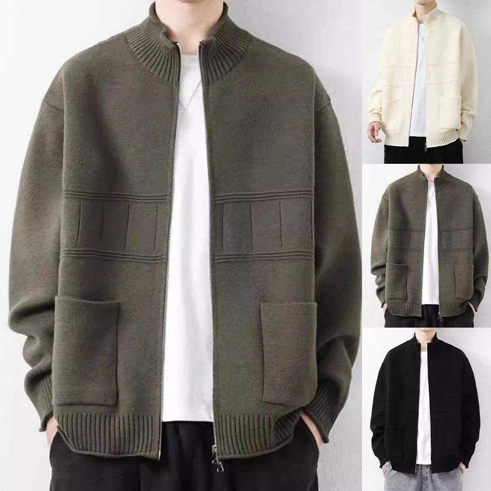 

Men Stand-up Collar Cardigan Jacket New Sweater Loose Thread Casual Top Jacket