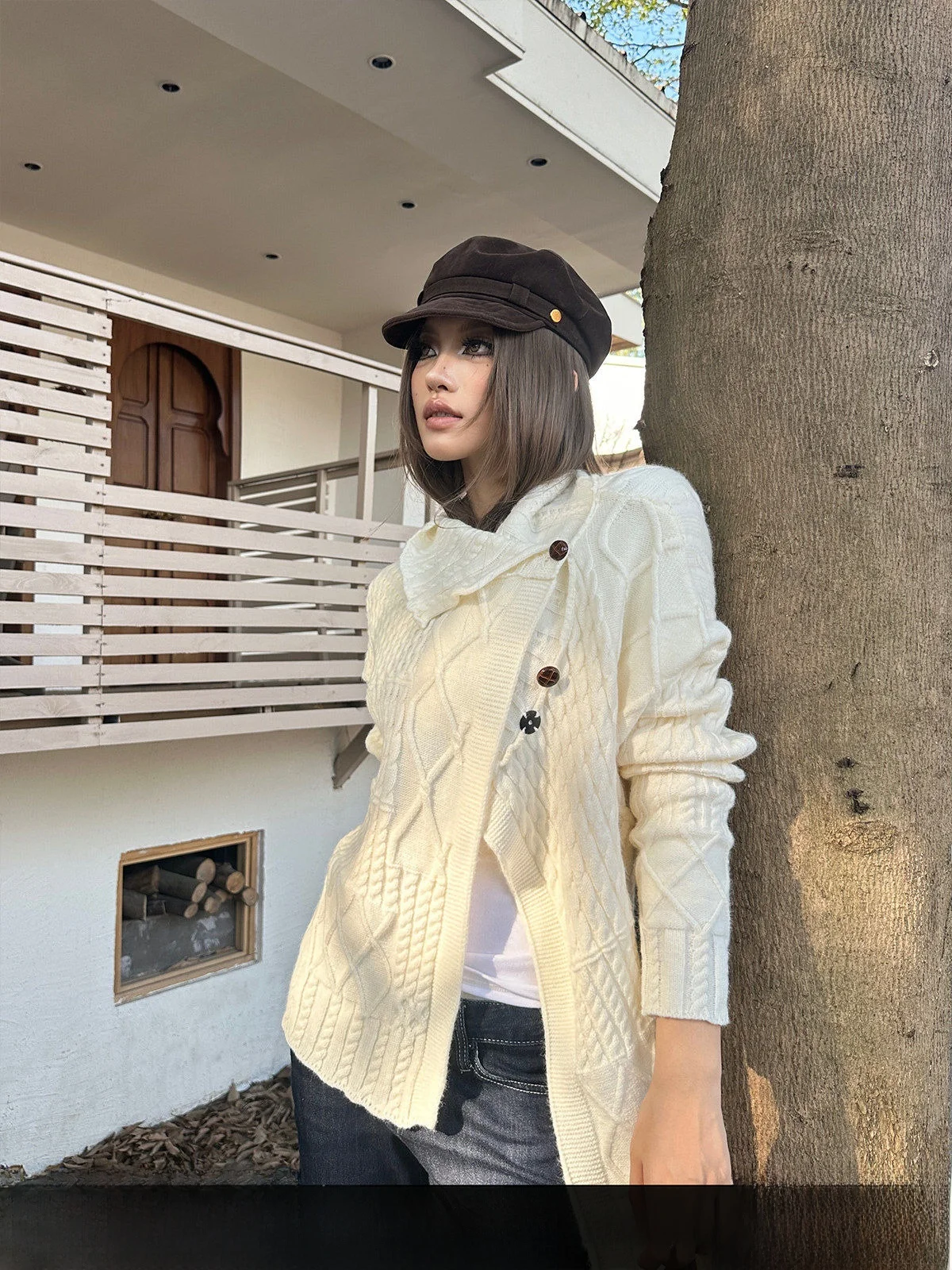 

GOGOBURN Women's Woolen Knitted Cardigan Asymmetrical Flip Collar Sweater Autumn Winter Outerwear Long Sve Regular Thin