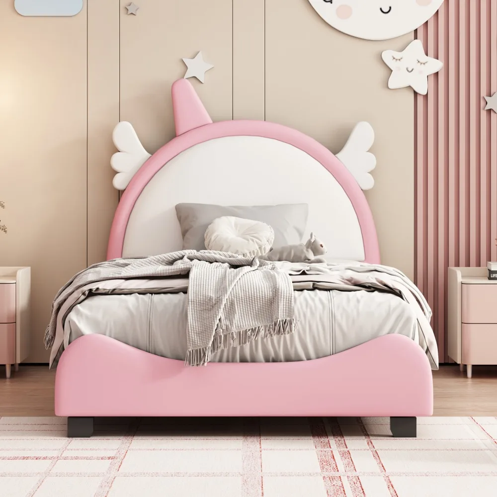 Cute Soft Cushion with Unicorn Shaped Platform Bed, Headboard and Footrest Solid Construction Easy To Install High Load Capacity