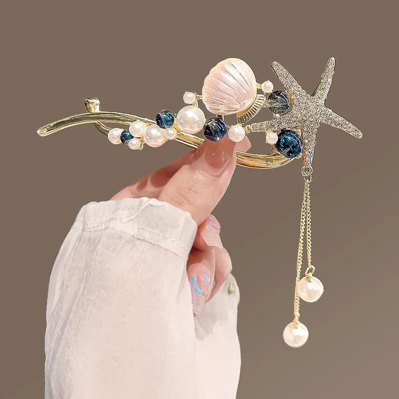 New Starfish Shell Imitation Pearl Rhinestone Glass Bead Fringe Hairpins For Women Personality Temperament Shark Clips Jewelry