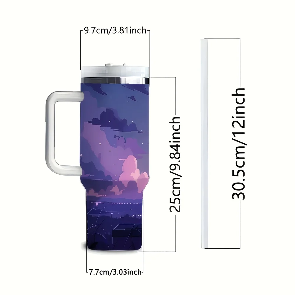 1pc Halloween 40oz Insulated Tumbler with Handle and Straw, Purple Starry Night Sky Cloud Cat Silhouette Print Reusable Water Mug, Suitable for Outdoor Travel Driving Home Office Daily Hot Cold Drinks Use