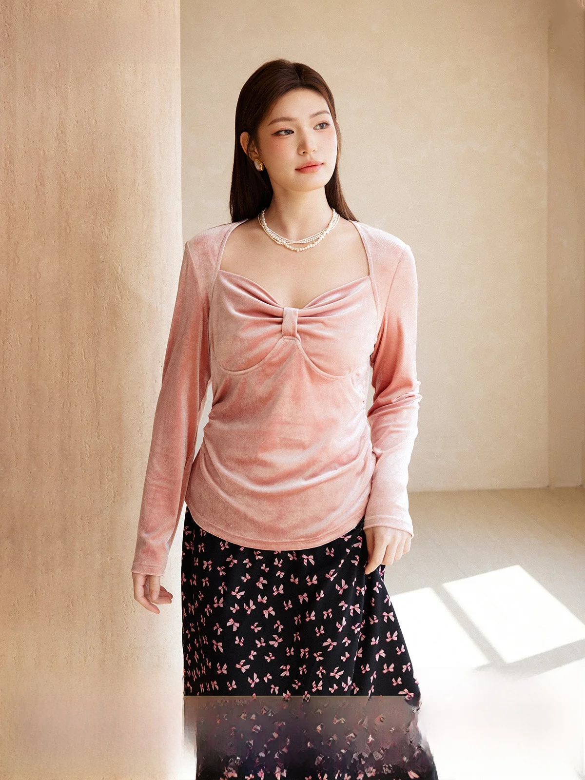 

Plusmall классический бархатный топ из молочного шелка с узлом, весеннее новое поступление, эластичная длинная футболка обычного кроя све