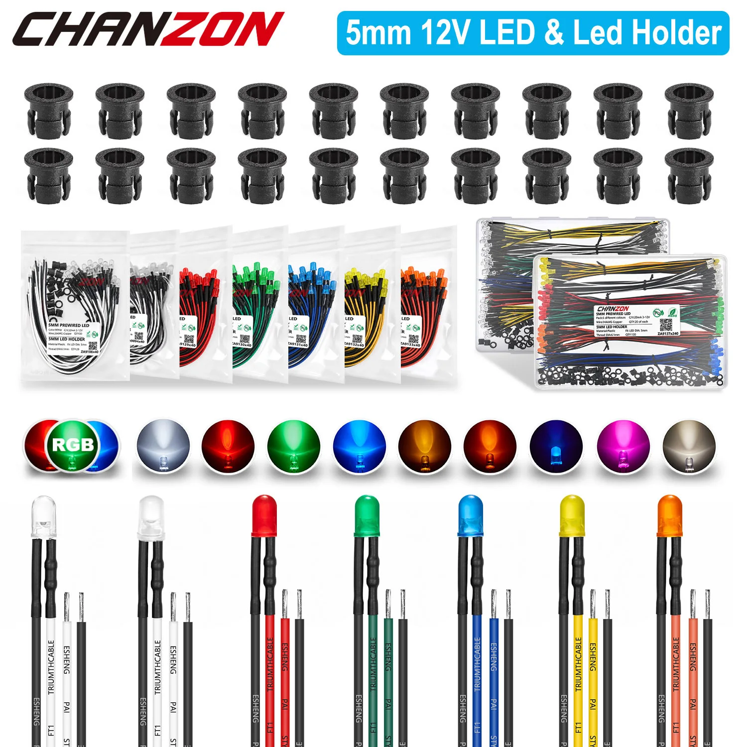 5mm Pre Wired Cable LED Light Emitting Diode LED Holder Socket 12V Warm White Red Green Blue Yellow Orange UV Pink RGB Prewired