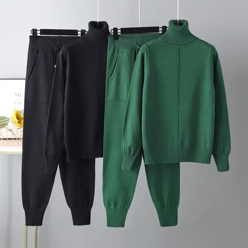 New Autumn Winter Women High Neck Elegant Knit Sweater Top Pants 2-piece Set Long-sleeved Pullovers Casual Loose Womens Clothing