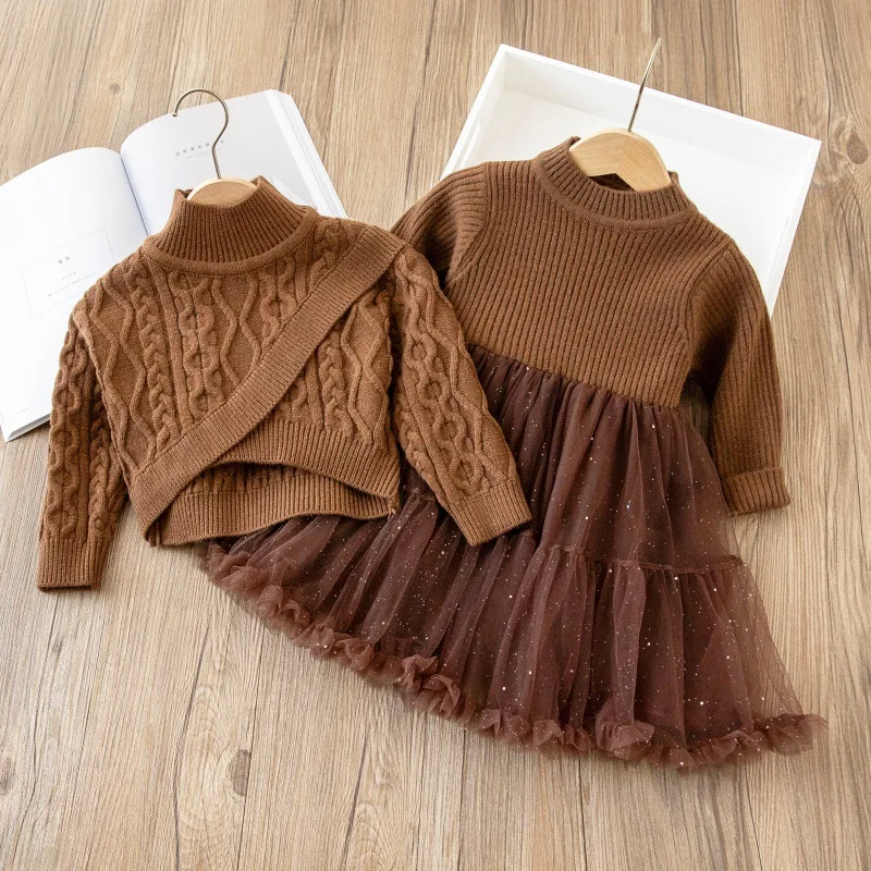 

Autumn Girls Clothing Set Irregular Brown Pullover Knit Jacket Christmas Party Princess Dress Set One-piece Mesh Bottom Dresses