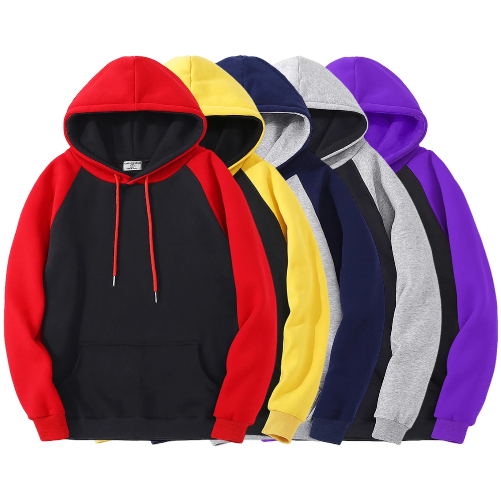 Color Collision Hoodie Women Men Autumn Winter Warm Loose Pocket Streetwear Fleece Raglan Splicing Hooded Couple Sweatshirts