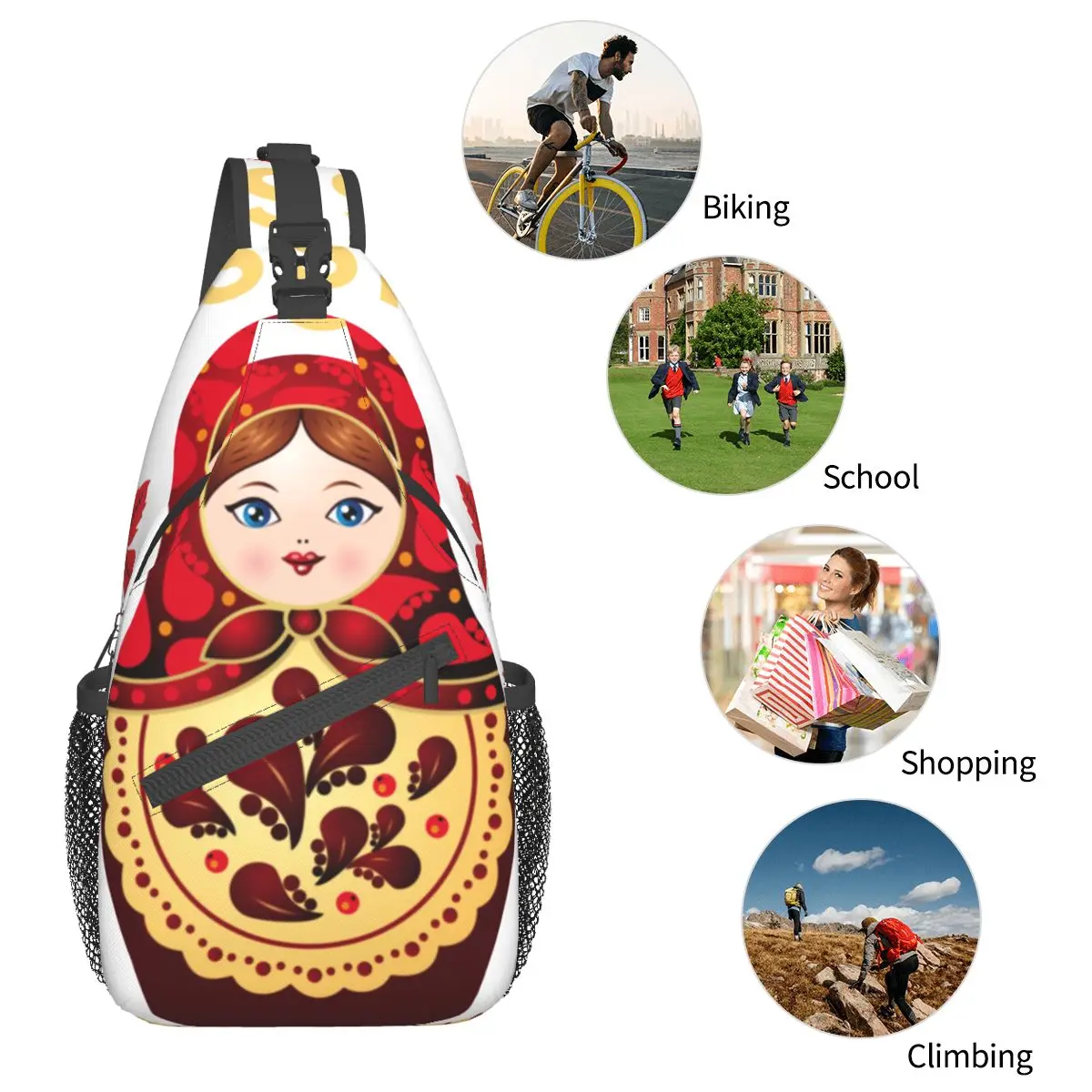 Matryoshka Doll Russian Sling Bags Chest Crossbody Shoulder Backpack Outdoor Hiking Daypacks Khokhloma Fashion Bags