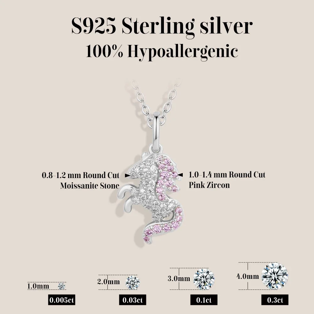 QIBAOKU Running Unicorn Pendant Pink Zircon Moissanite Necklace S925 Silver Dreamy Girls Boy Birthday Party Gifts Jewelry 2026