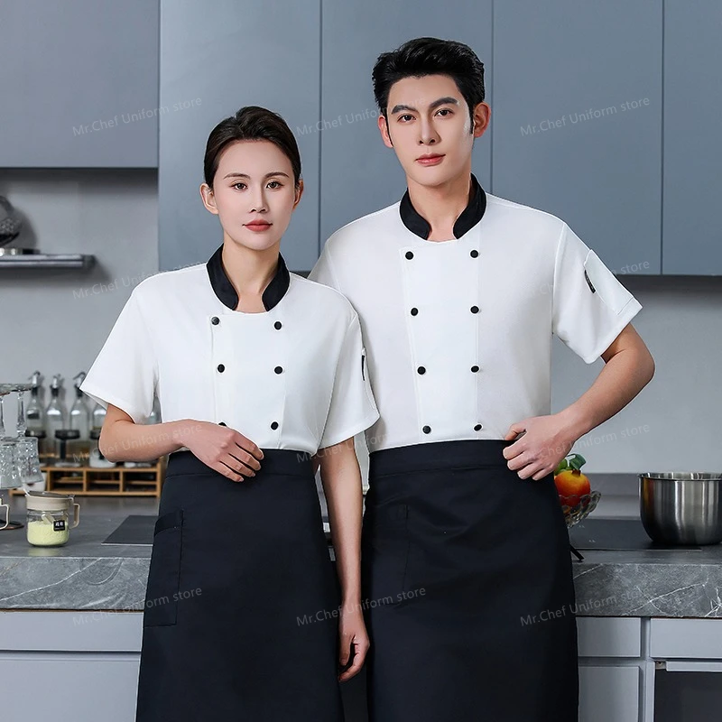سترة الطاهي السوداء للمطاعم بأكمام قصيرة زي الشيف معطف الطبخ تي شيرت الشيف بيكر زي العمل النادل ملابس الفنادق شعار النساء