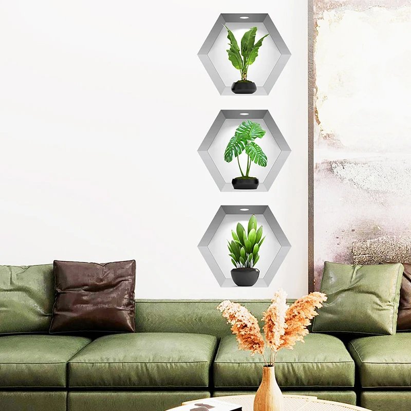 3pcs/set 3D Stereoscopic Potted Wall Stickers Living Room Decorative Wallpaper Self-adhesive Plant and Flower PVC Stickers