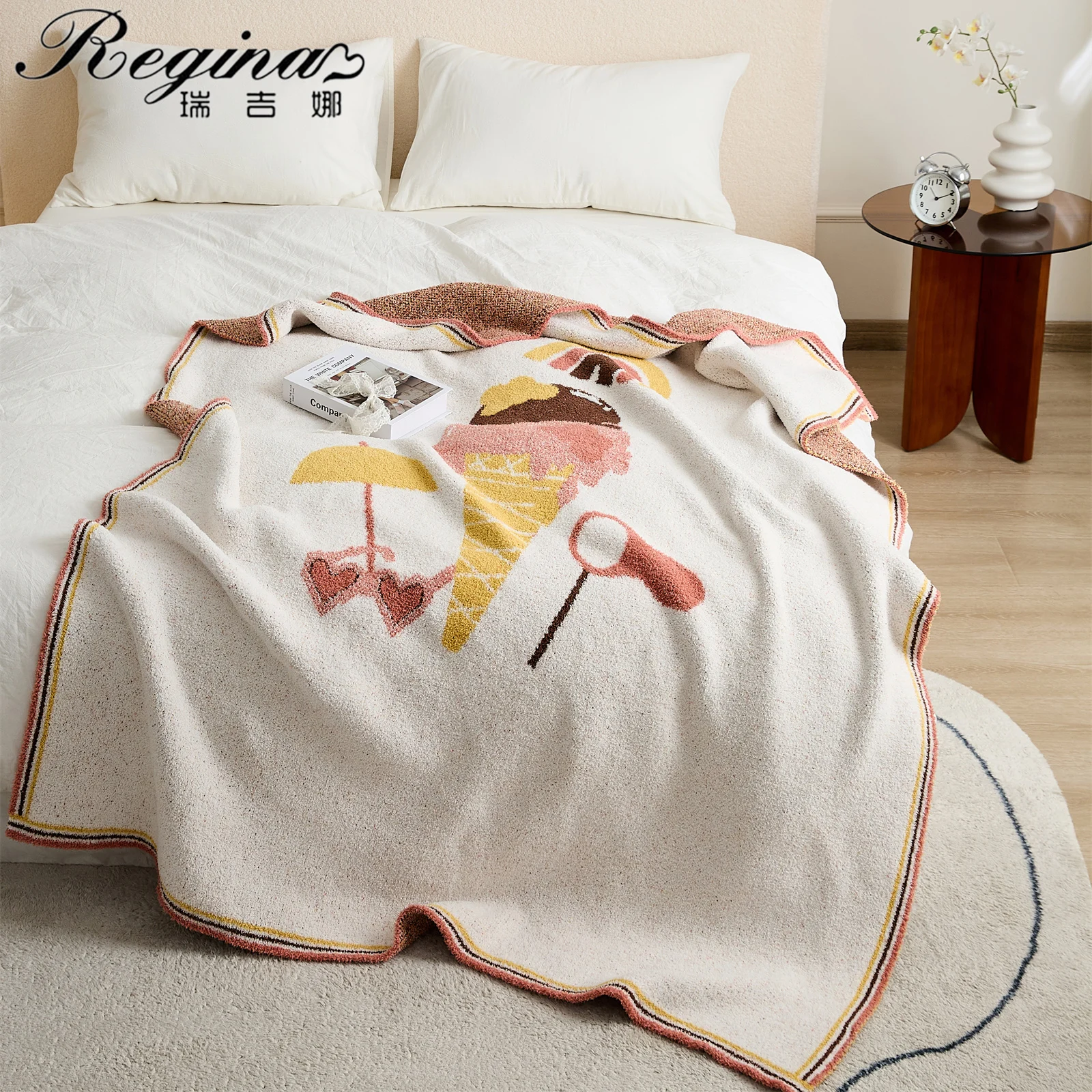 REGINA Summer Holiday Pattern Throw Blanket Ice Cream Rainbow Mulitcolor Stripe Edge Design Soft Warm Winter Bed Knitted Blanket