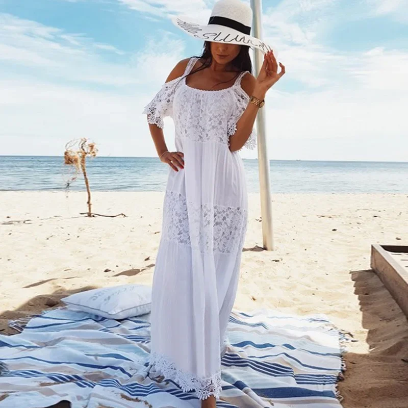 Summer Women's Beach Dress Swimsuit Coverup Long Lace Bikini Cover Up Woman Maxi Casual Dresses White Kaftan Swim Bathing Suit