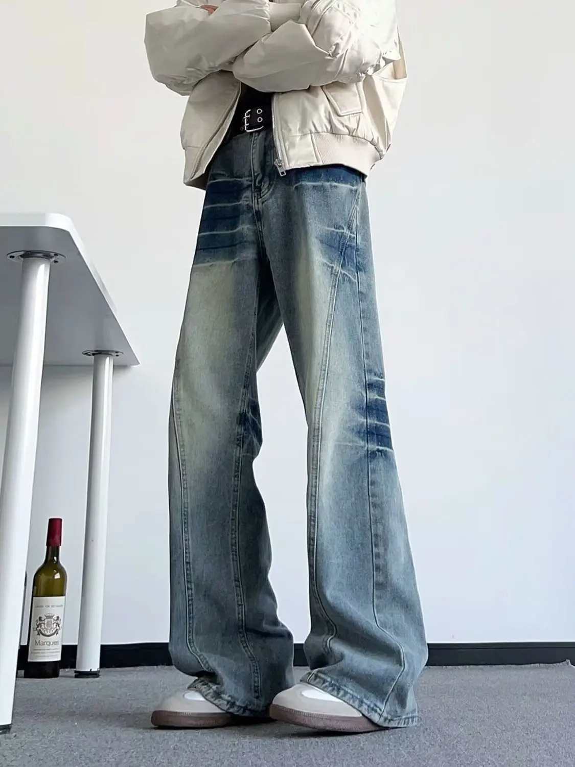 

American Vibe Flared Jeans Men's High Street Versatile Pants Lightning Pattern Straight Leg Jeans Youth Casual Denim Jeans