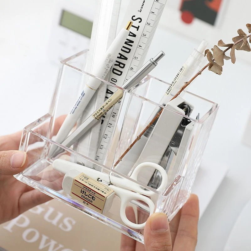 Ins Style Transparent Acrylic Square Three Grid Pen Holder Storage Rack Large Capacity Desk Pencil Rack School Office Stationery