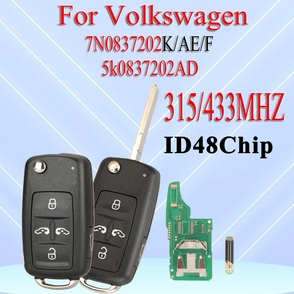 jingyuqin 315/433MHZ ID48 Chip Car Remote KeyFor Volkswagen Sharan Multivan Caravelle 5K0837202AD/7N0837202K/AE/F HU66 Blade