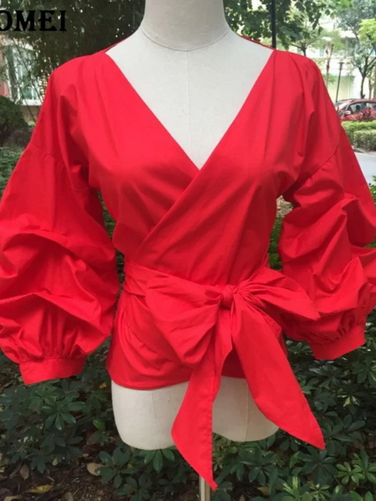 Women Yellow Blouse Peplum Tops with Waist Belt Bowtie Puff Sleeve  V Neck Lady Summer Shirts Female Clothes Blusas African New