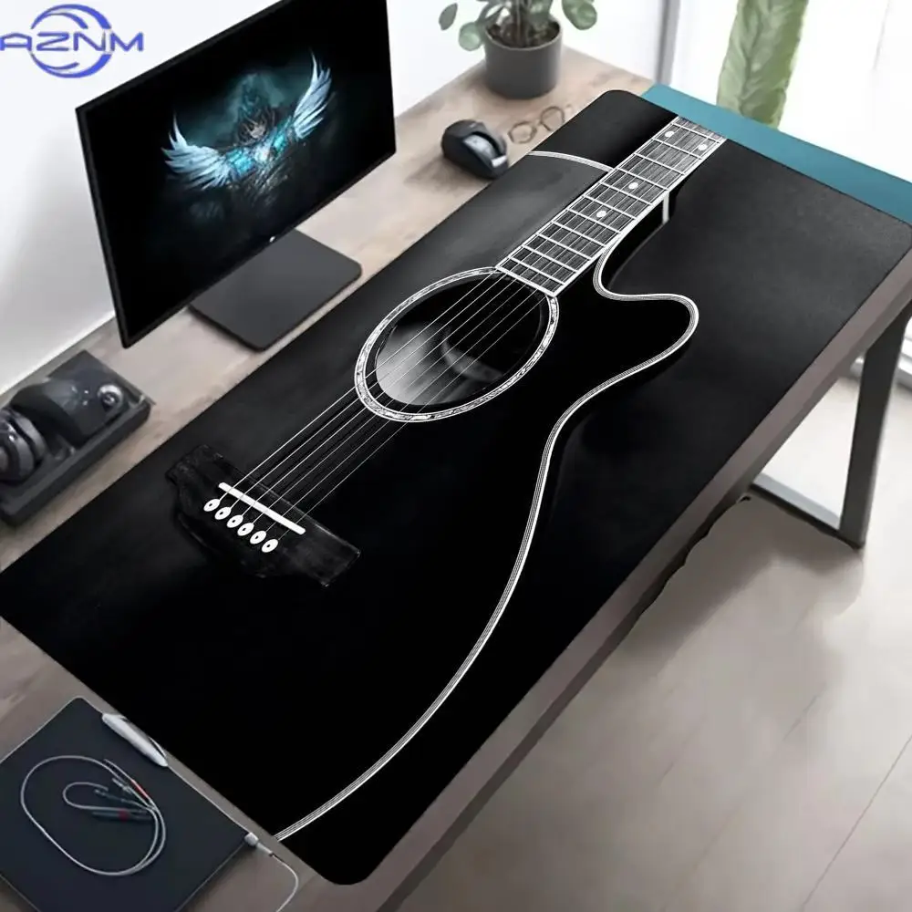 Minimalist Guitar Outline Large Gaming Mouse Pad Non-Slip Rubber Base Black Cool Extended Mouse Mat Music Theme PC Desk Mousepad