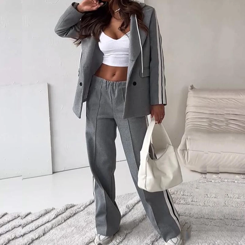 Fashion Striped Print Long Pant Outfits Elegant Hooded Blazer Coat & Wide Leg Pants Suit Women Causal Long Sleeve Loose 2Pc Sets