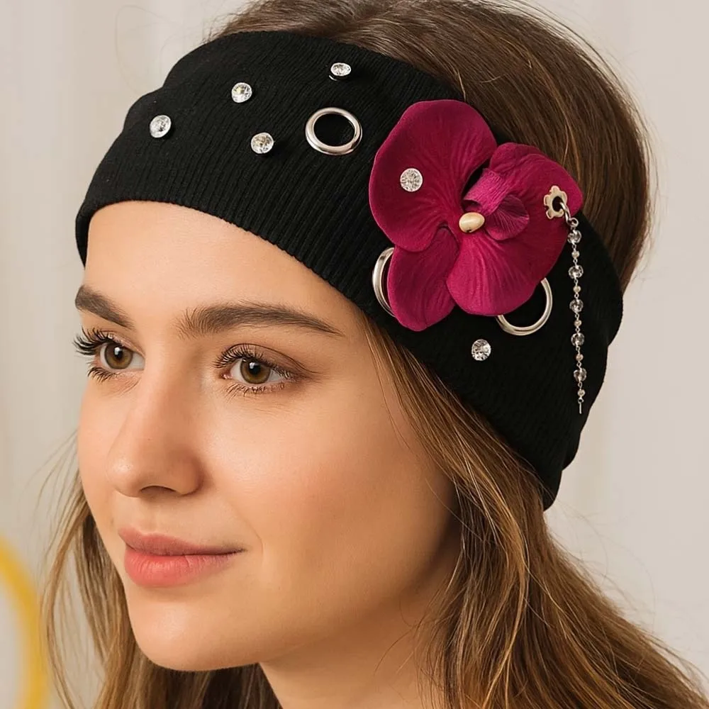 

Hibiscus Butterfly Orchid Knitted Hairband Hollow Out Y2K Flower Elastic Headband Wide Side Hip-hop Rhinestone Chain Headscarf