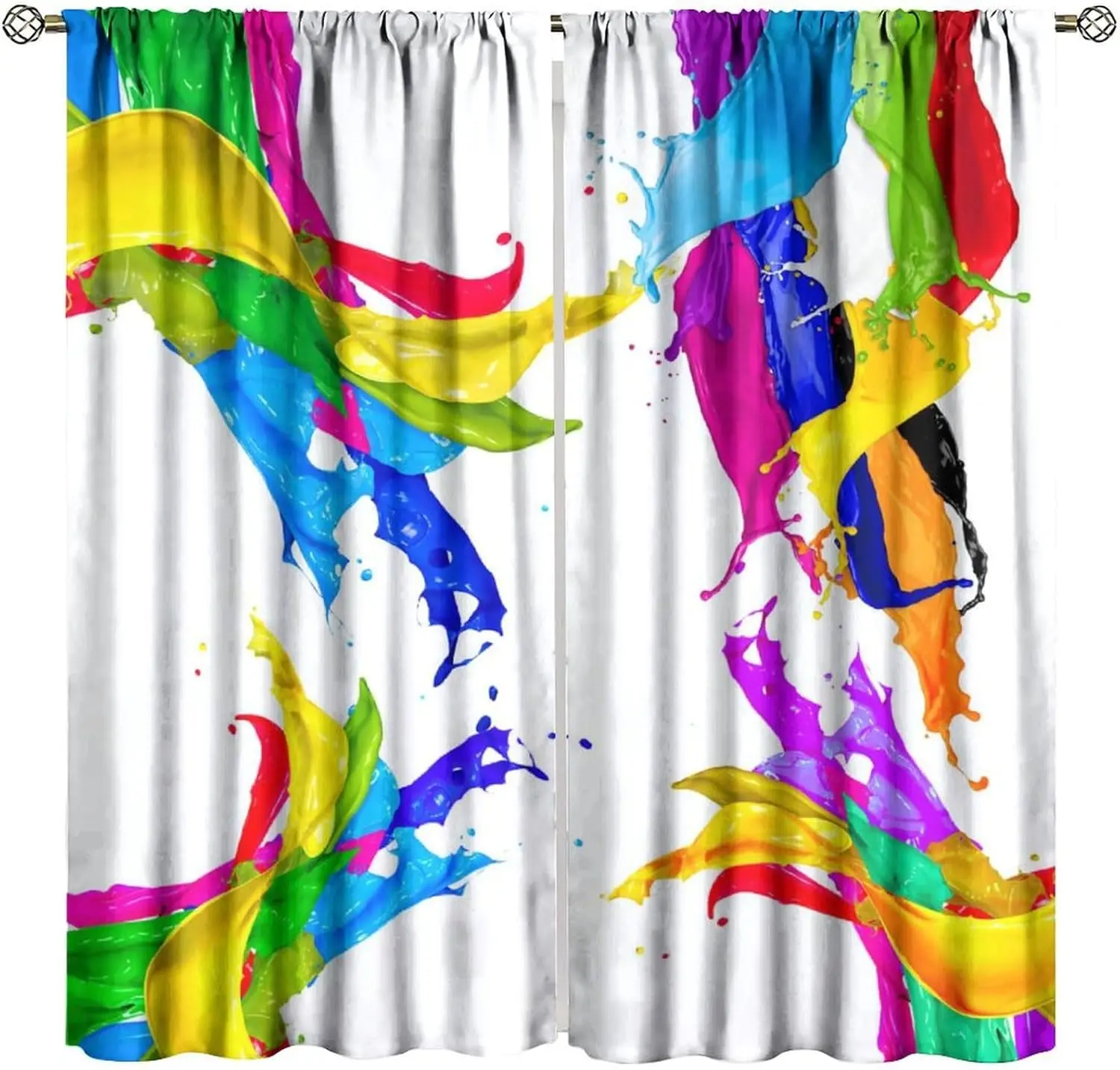 Colorful Paint Curtains, Rainbow Color Creative Abstract Splatter Paint Painting Art White Background Print Rod Pocket Window