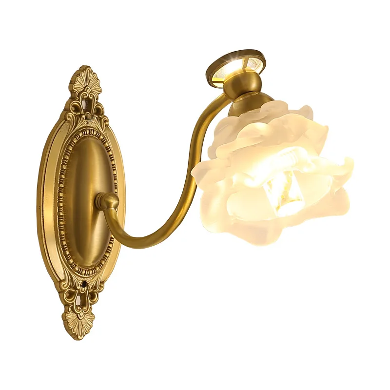 All copper French wall lamp retro living room wall lamp creative flower glass light shadow bedroom bedside LED lamp