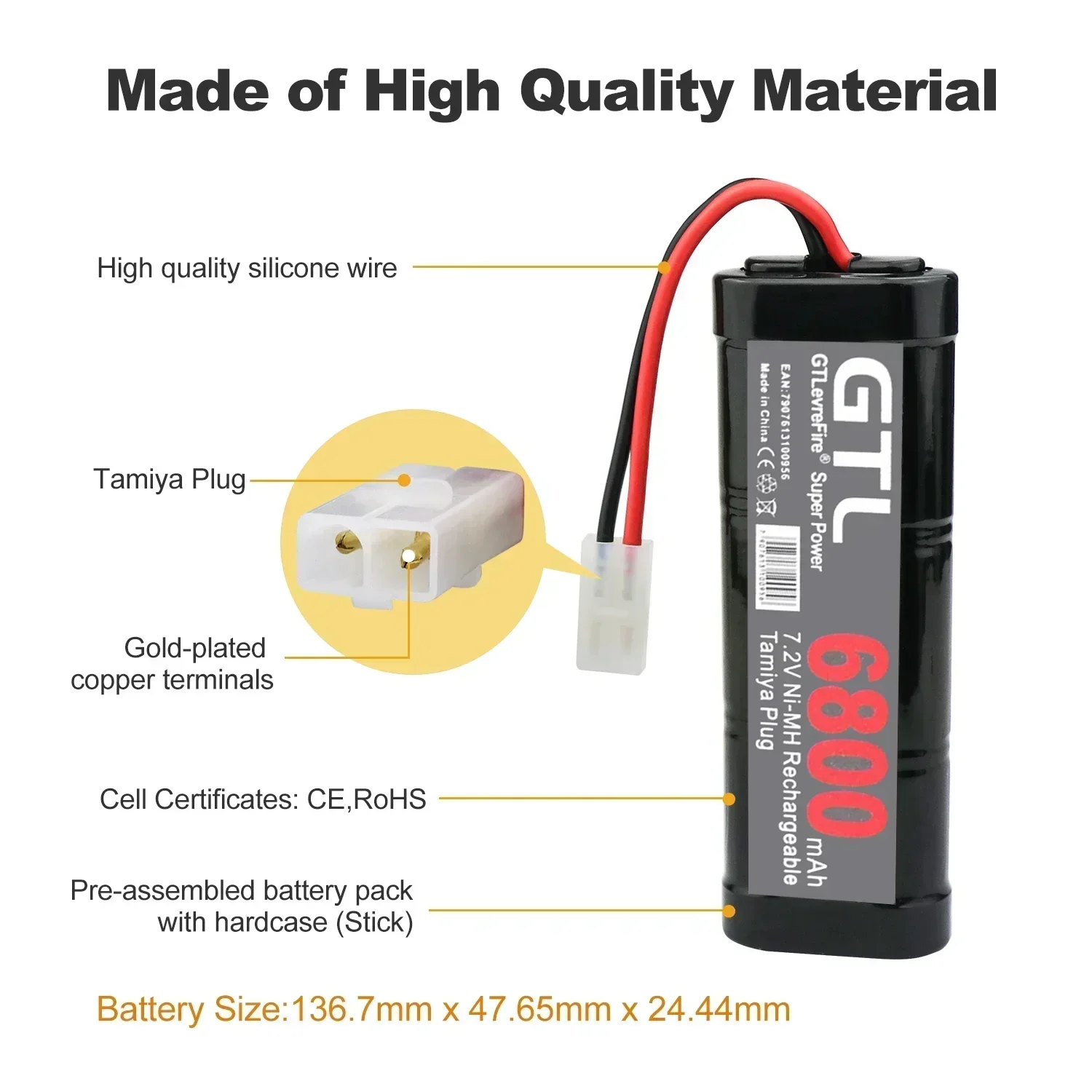 Mkepa NiMH Substituição de Bateria 7.2V, 6800mAh Tamiya, Conector de Descarga RC Toys, Carros de Corrida, Barco, Aeronave