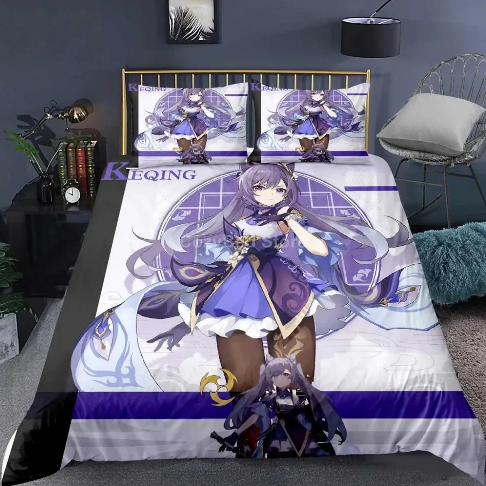 Genshin Impact Bedding Set Cartoon Anime Duvet Cover Single Double Size Boys Luxury 3D Bed Linen Decor Home