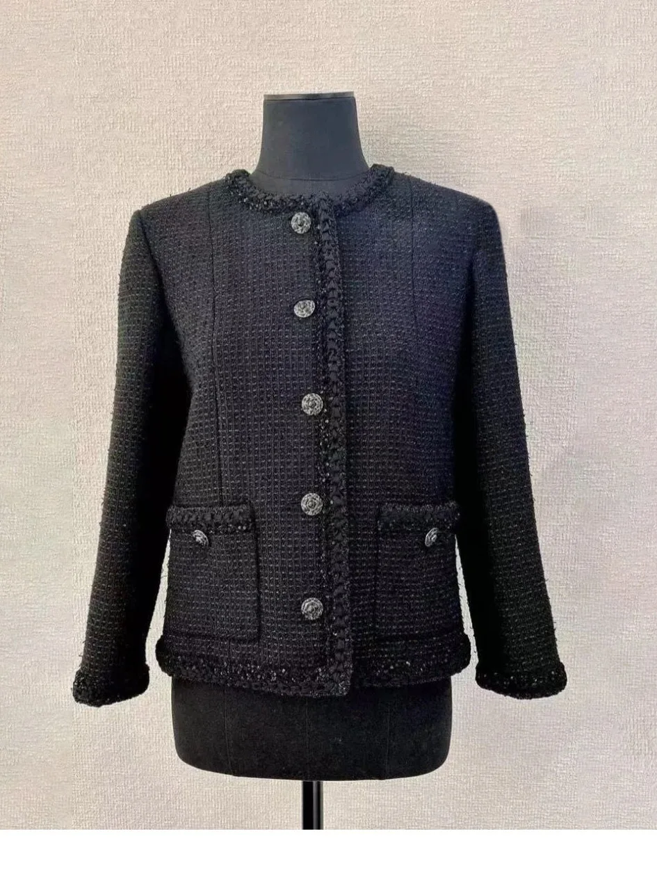 

Faionable Heavy Weave round Ne Coat Classic Tweed Single Button Versatile Top Commute Sle ort Outerwear for Women