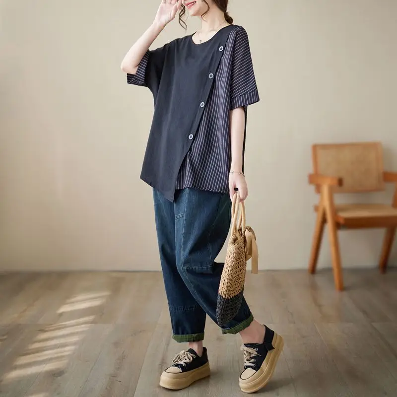 Women Summer Simplicity Loose Large Size Cotton and Linen Striped O-neck Short Sleeve T-Shirt Women Clothes Casual Trend Tops