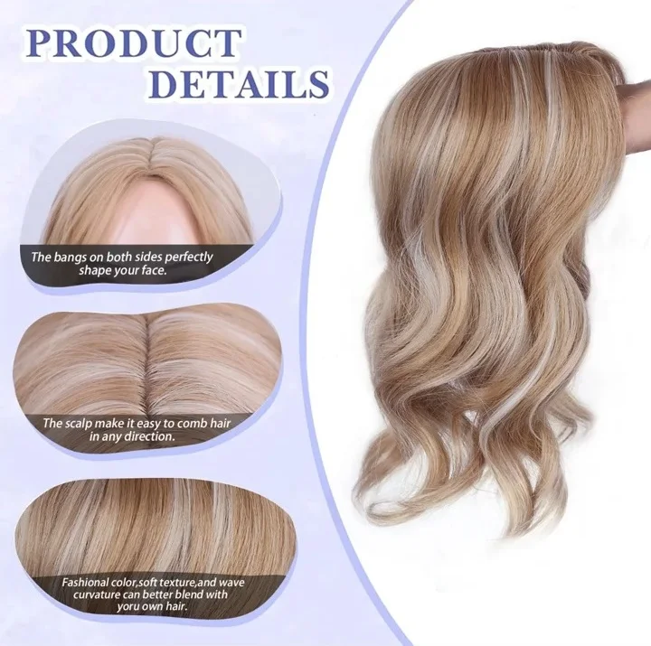 Topper de cabelo sintético com franja curto ondulado marrom escuro destaques toppers de cabelo para mulheres fácil de usar clipe em toppers de base grande