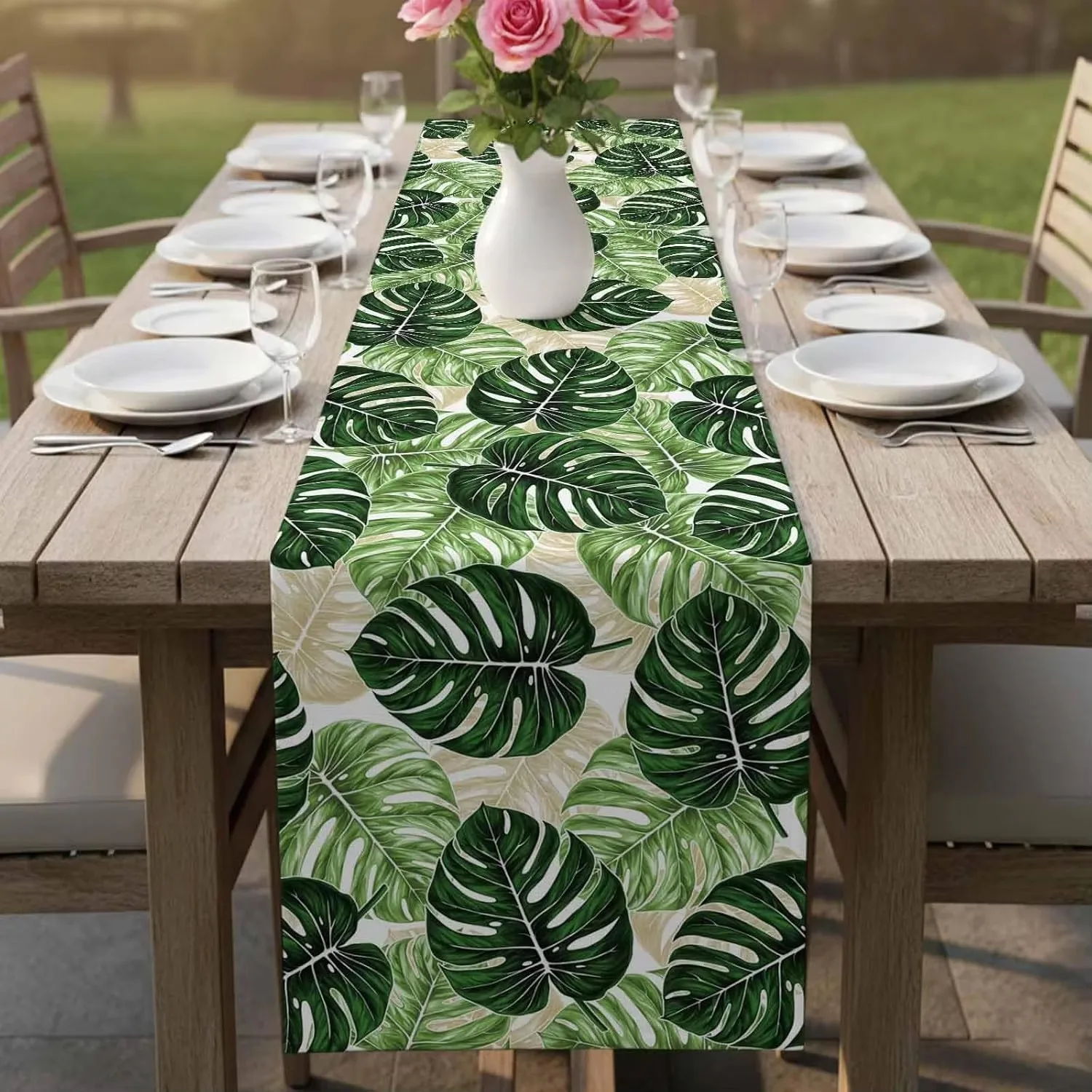Tropical Table Runner Palm Leaves Linen, Washable Summer Green Decor for Kitchen Holiday Party Setting