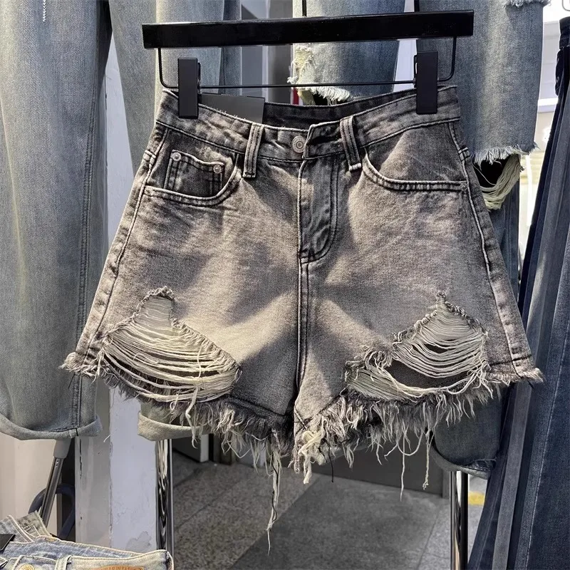 Summer New Spicy Girl Black Grey Ripped Tassel Ragged Shorts A-line Denim Shorts Mujer Jeans Streetwear