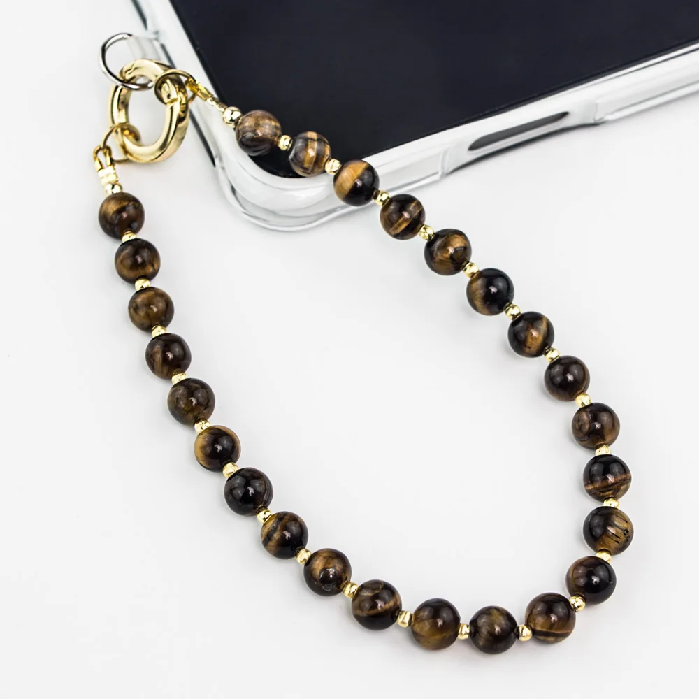 

Natural Stone Beaded Phone Wrist Strap Anti-Drop Hand-Free Accessory Detachable Phone Bracelet Strap with Tether Tab Tiger Eye