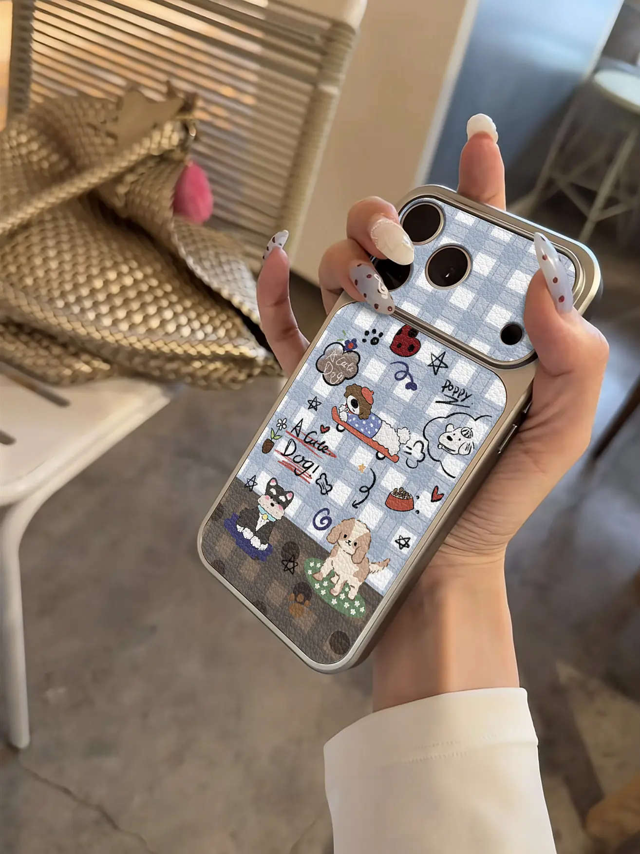 Koreanische Niedliche Welpen-Karo-Imitat 17 Handyhülle für iPhone 13 14 15 16 17 Pro Max 17Pro, Galvanisierter Stoßfänger, Stoßfeste Lederhülle – Detail 20