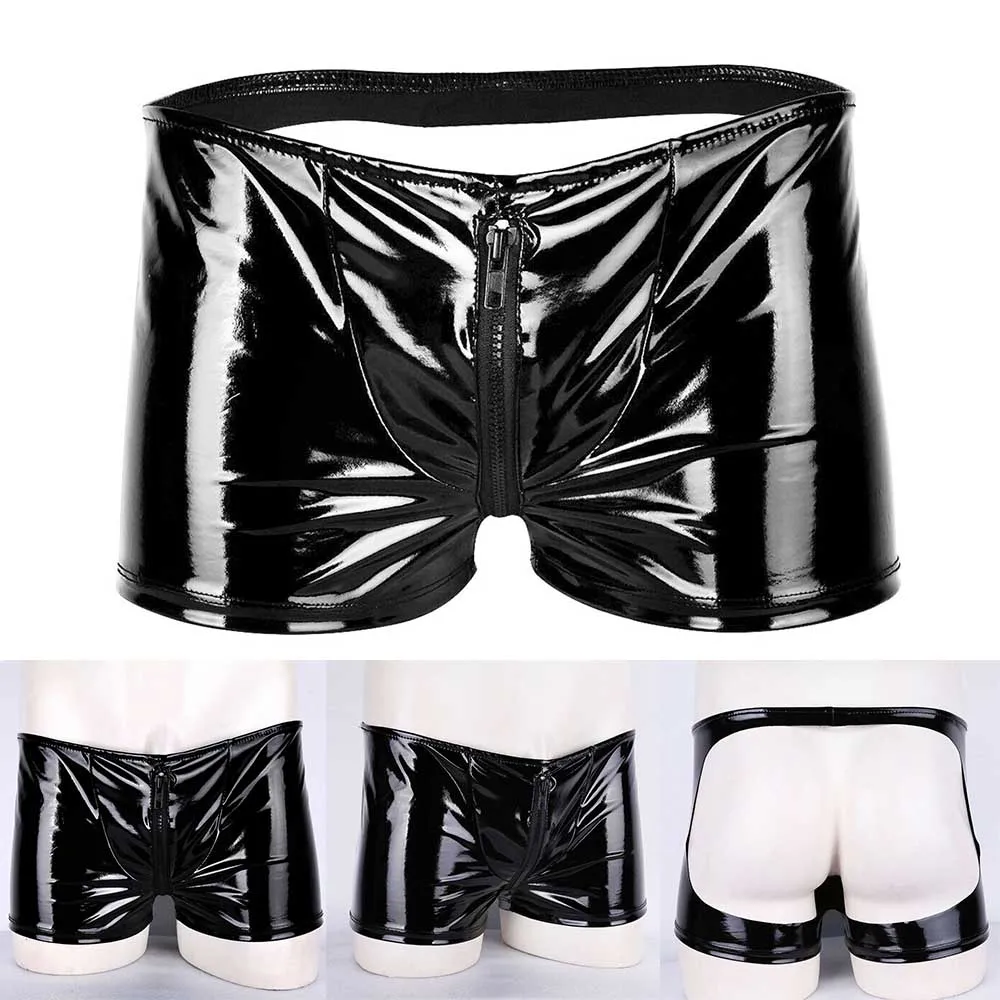 Mens PVC Zip Pouch Briefs Wet Look Trunks Shorts Backless Underwear Hombre Stretch Breathable Underpants Lingerie