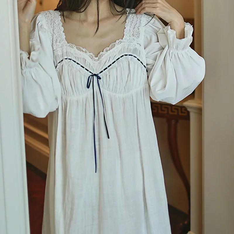Imitation Linen White Cotton European Classical Fairy Nightgown French Girl Retro White Pajama Women Spring Autumn Sleepwear