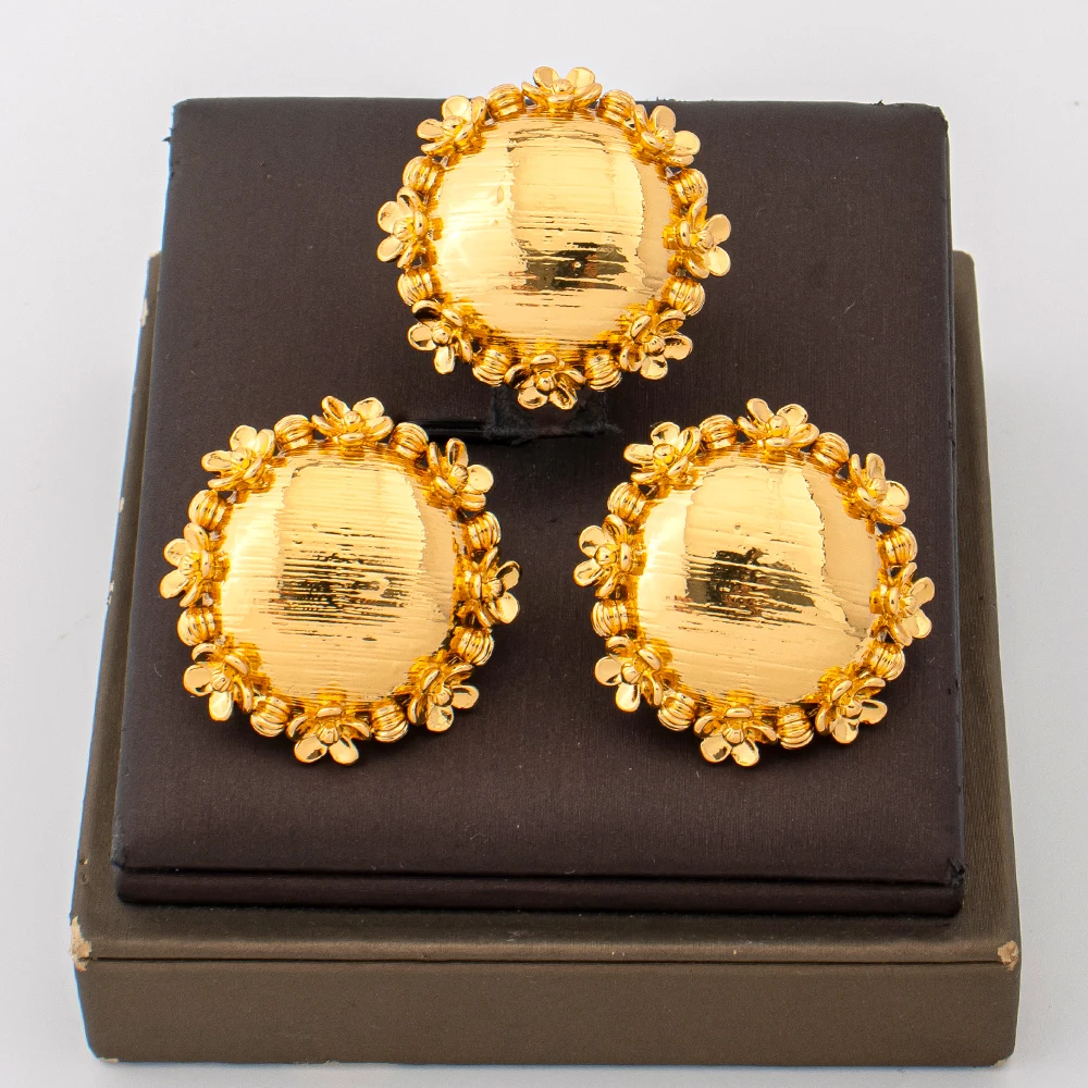 18K Gold Plated Oval Dome Floral Frame Earrings & Ring Set For Women Vintage Ethnic Wedding Party Accessories Gift