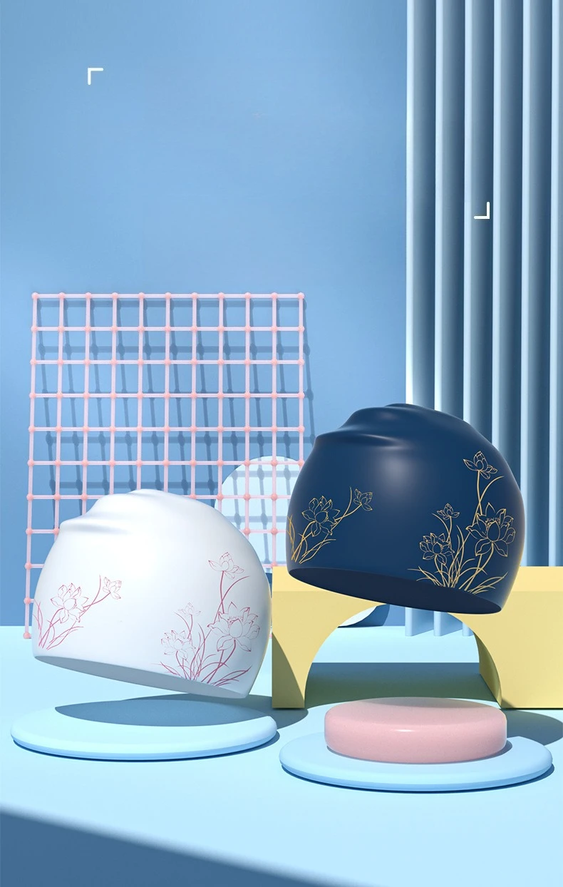 Badekappe mit Lotus-Aufdruck für langes Haar für Damen, wasserdichte, vergrößerte Badekappe aus Silikon, Ohrenschutz-Badekappen, 2 Farben – Detail 1