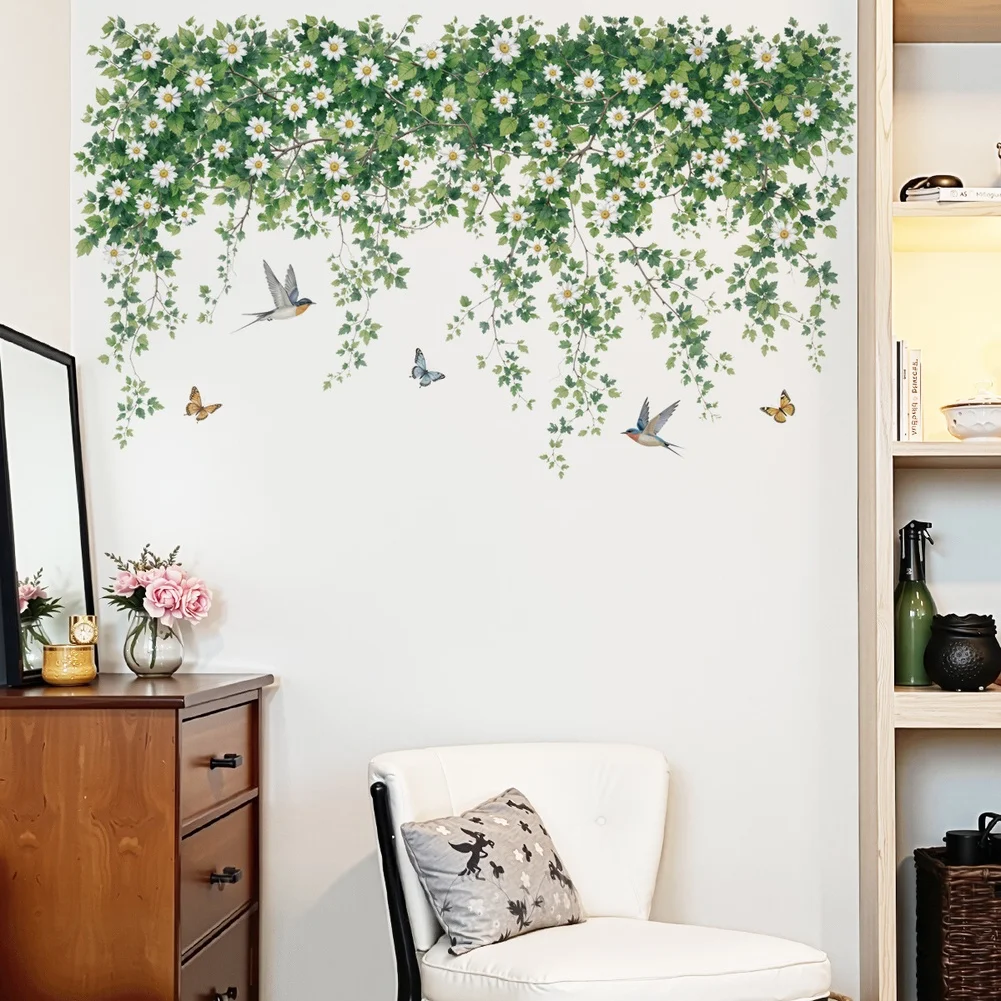 Translucent Botanical Wall Sticker 33.6x21.6in PVC Material with Leaf Vine Daisy Flower and Bird Design for Living Room
