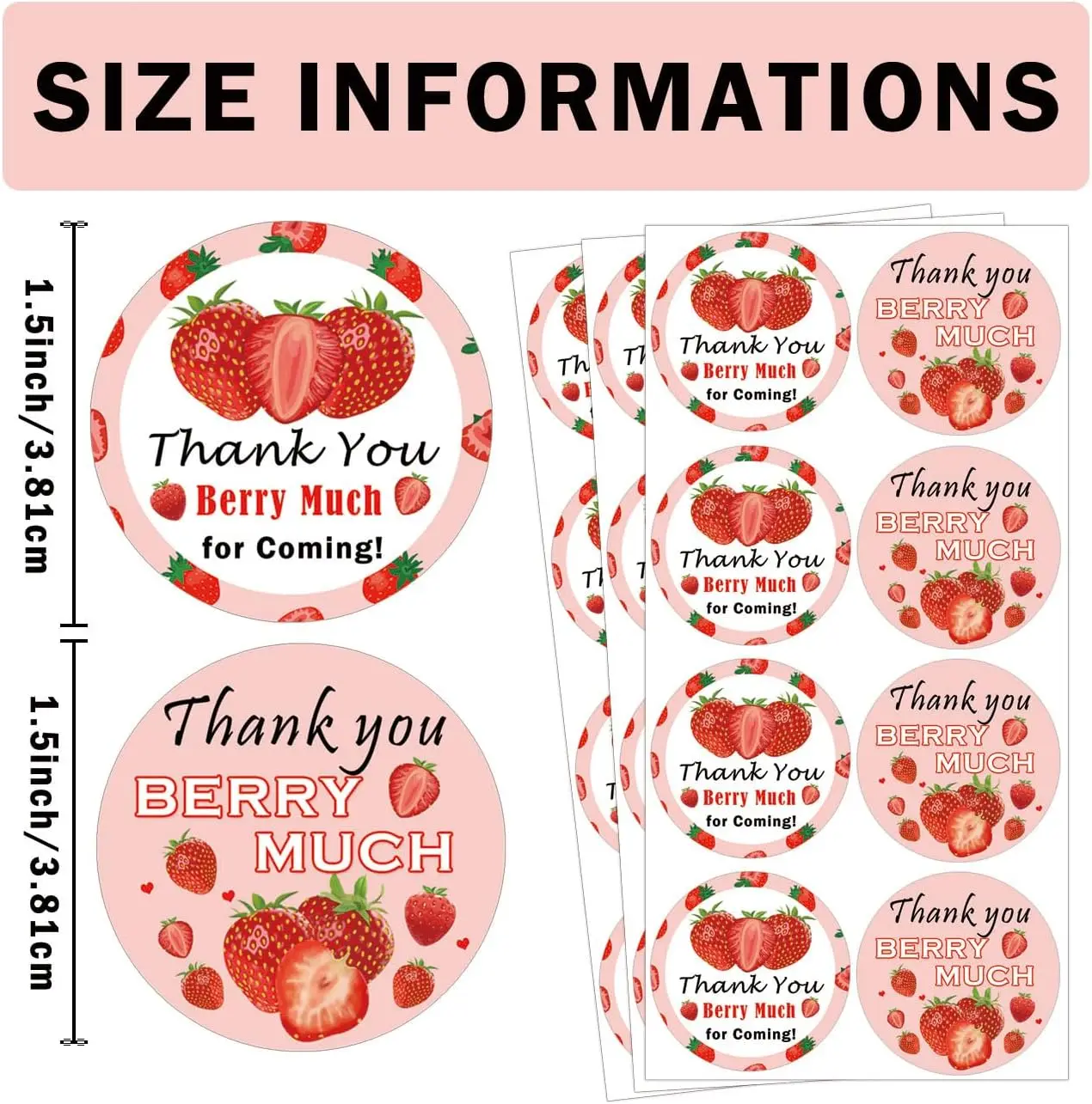 1.5inch Pink Strawberry Thank You Berry Much for Coming Sticker Sweet Strawberry Thank You  for Birthday Party Favor 120pcs