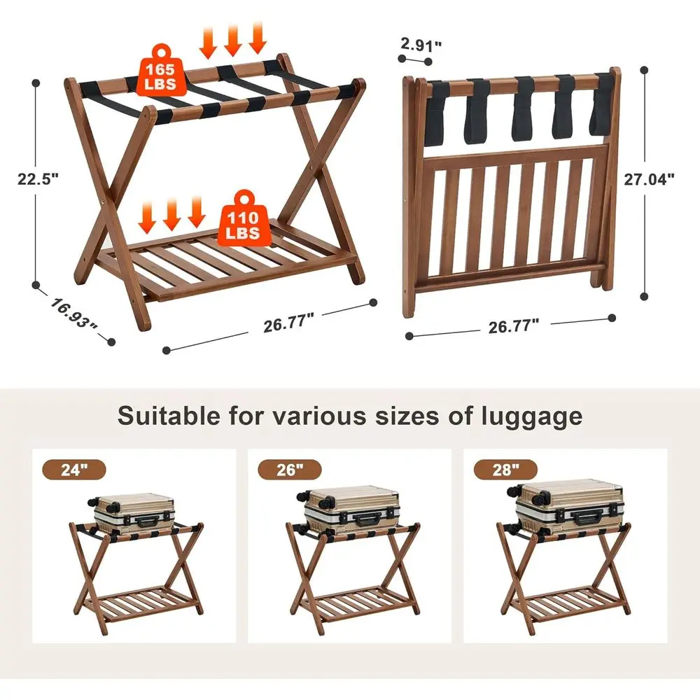 Coppia portapacchi in noce con supporto in bambù, 5 cinghie in nylon, portaoggetti pieghevole 26,77 per valigie per camere da letto, supporto