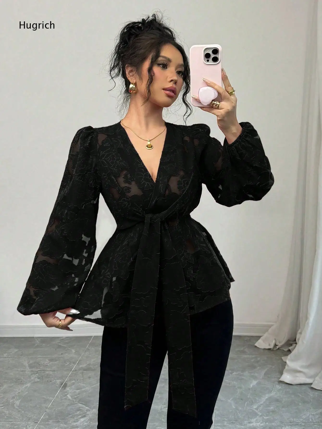 Women Sexy Black Sheer Jacquard Blouse Deep V Wrap Front Puff Sleeve Waist Tie Slim Fit Peplum Date Night Shirt