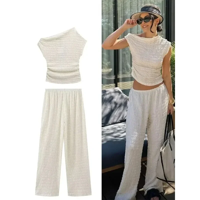 Vintage Korean Retro High Street Pants Set Skew Collar t-shirt + Mid Waist Elastic Waist Wide Leg Pants suit 2 pieces y2k suit