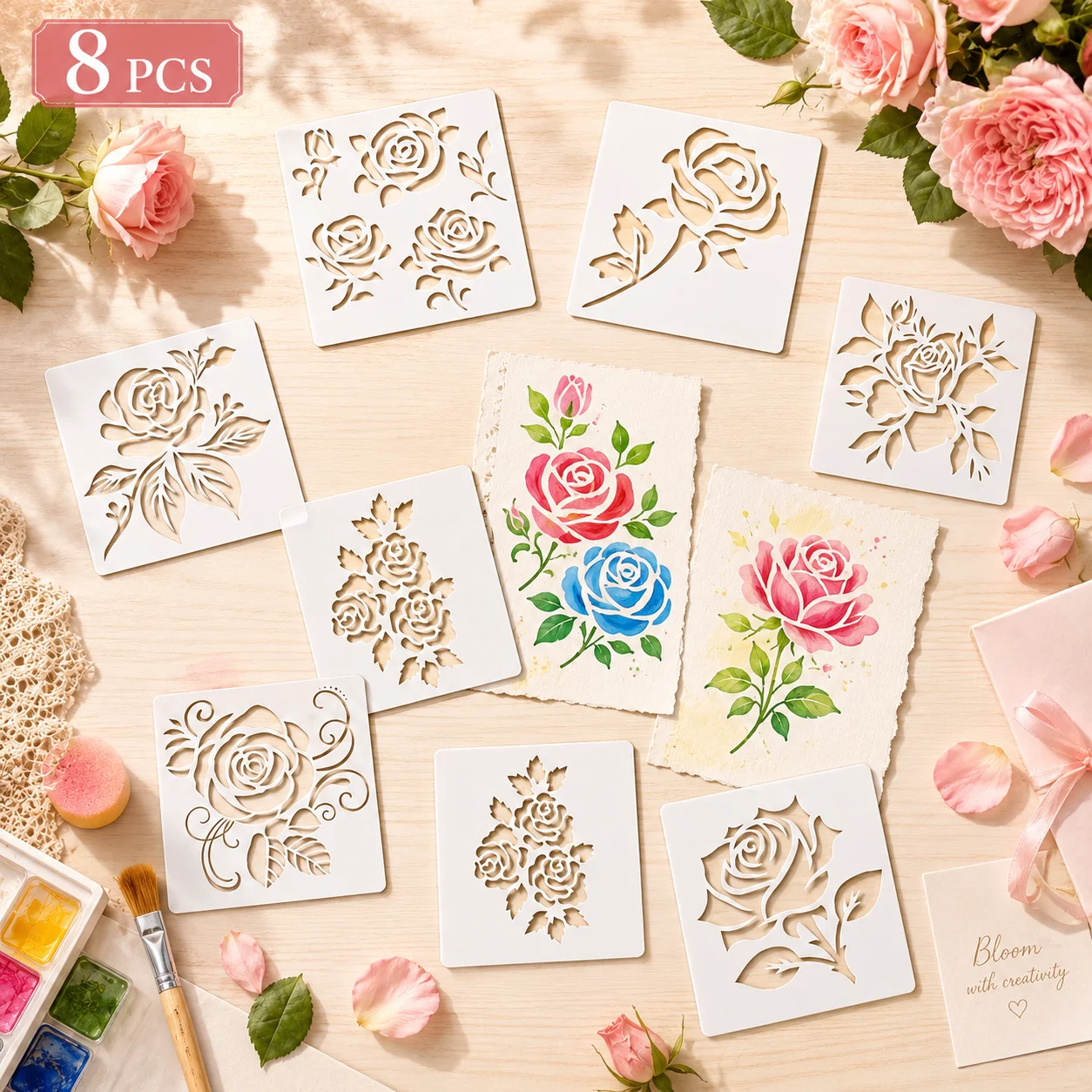 8Pcs Rose Stencils Reusable PET Flower Painting Templates for DIY Wood Sign Wall Canvas Card Scrapbook Wedding Home Decor