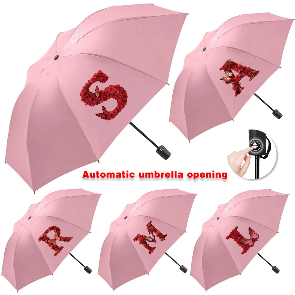 

Travel Essentials Sunshade Sunscreen Rain Umbrellas UV Automatic Umbrella Cute Print Outdoor Picnics Hiking Tour Red Rose Letter