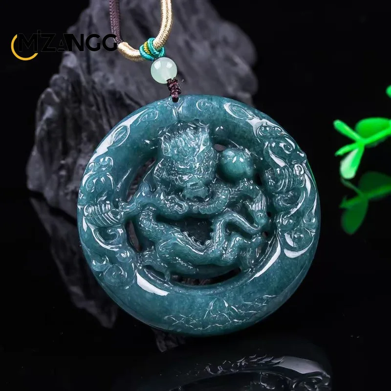 Natural Jadeite Blue Water Zodiac Dragon Pendant Hand-Carved Luxurious Charming Ice-Type Jade Necklace Unisex Perfect Gift