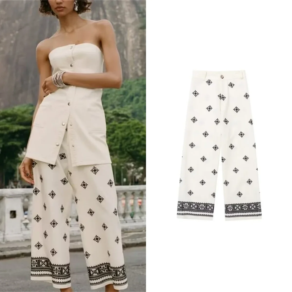 

2024 Early summer New Product Women's Fashion and Casual Versatile High Waist Embroidered Linen Wide Leg Pants